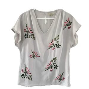 Polagram S embroidered blouse embroidery grey pink floral church work top shirt